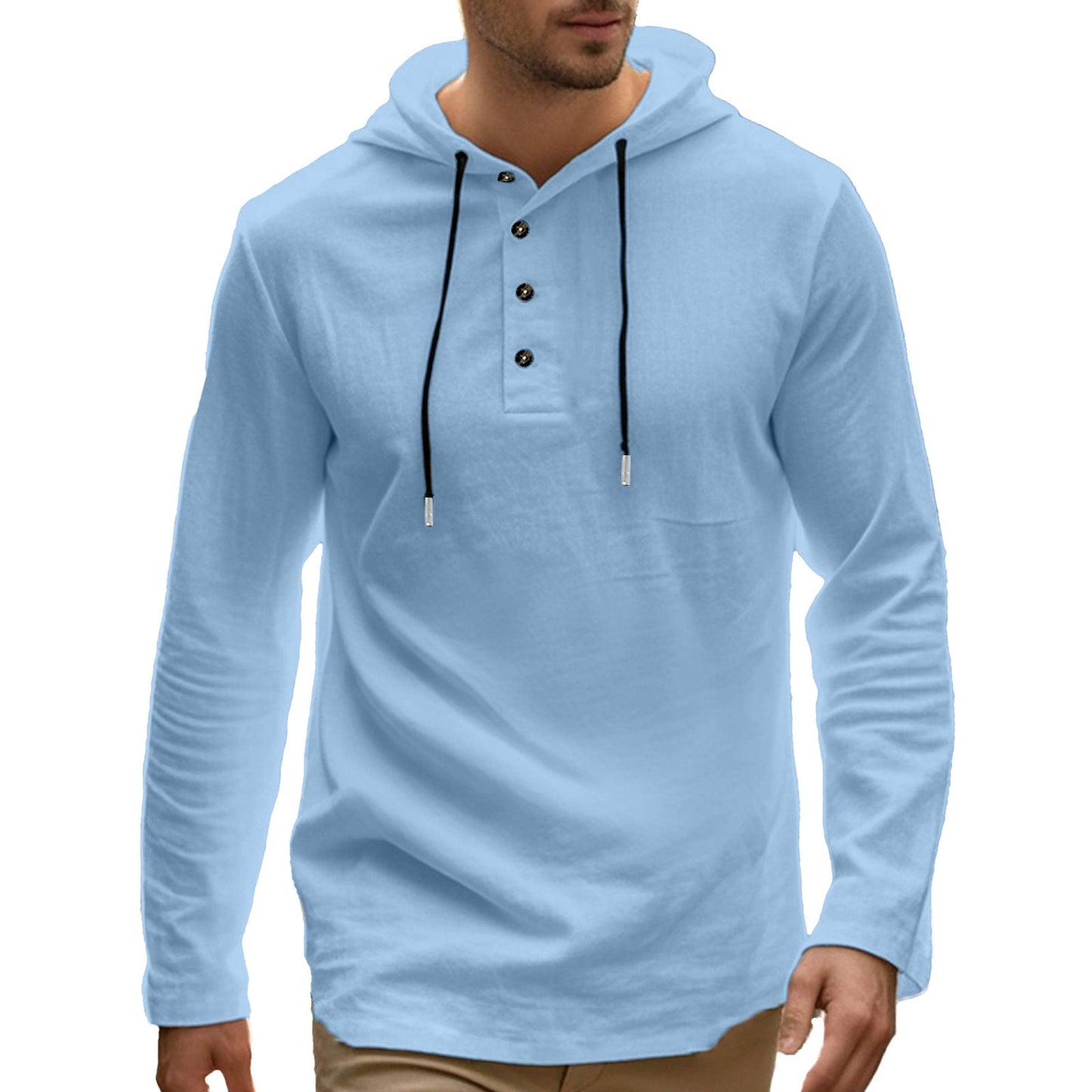 Herren Hoodie Langarm-Shirt mit Knöpfen und Taschen