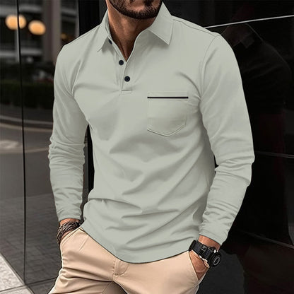Herren Polohemd Langarm mit Stehkragen und Brusttasche Modern