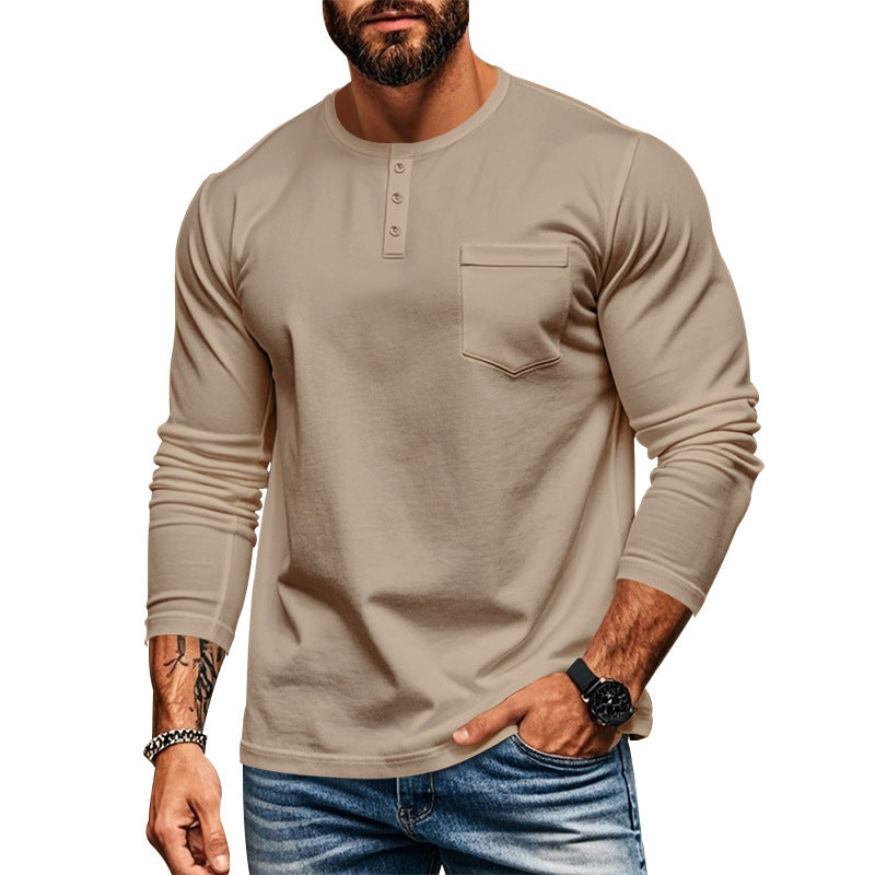 Herren Henley-Shirt Langarm Baumwolle Strukturiert mit Brusttasche