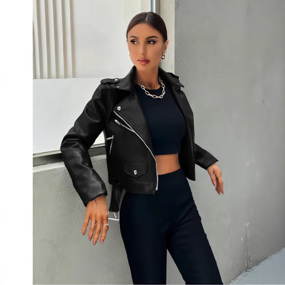 Lederjacke Damen Cropped Bikerstyle Schwarz
