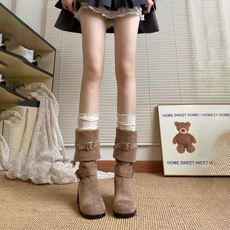 Damen Stiefel Mit Schnalle Elegant Gerafft