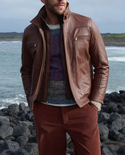 Lederjacke Herren Modern Stehkragen Vieltaschig