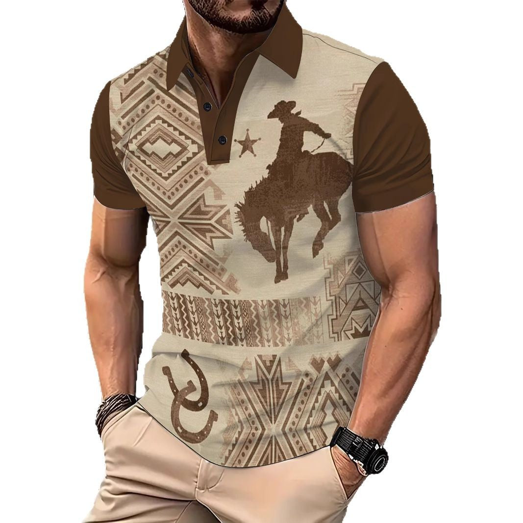 Herren Poloshirt Modern mit Cowboy Motiv und Geometrischem Design