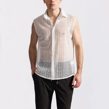 Herren Hemd Ärmellos Spitzenstruktur Elegant Modern