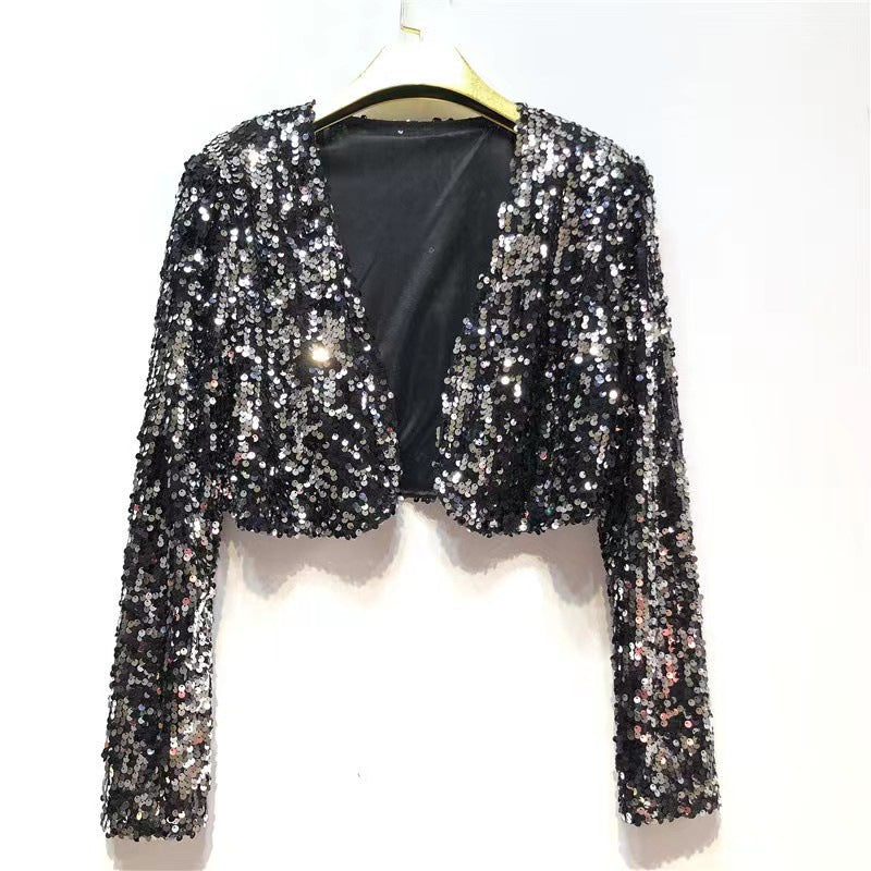 Glitzernde Damenjacke Langarm Offener Schnitt Glamour