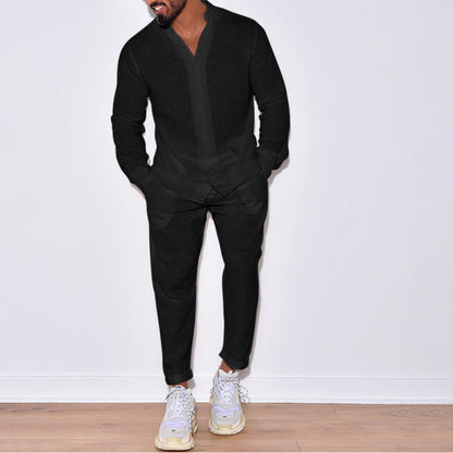 Herren Leinenbluse Modern mit Halbkragen und Hosenset