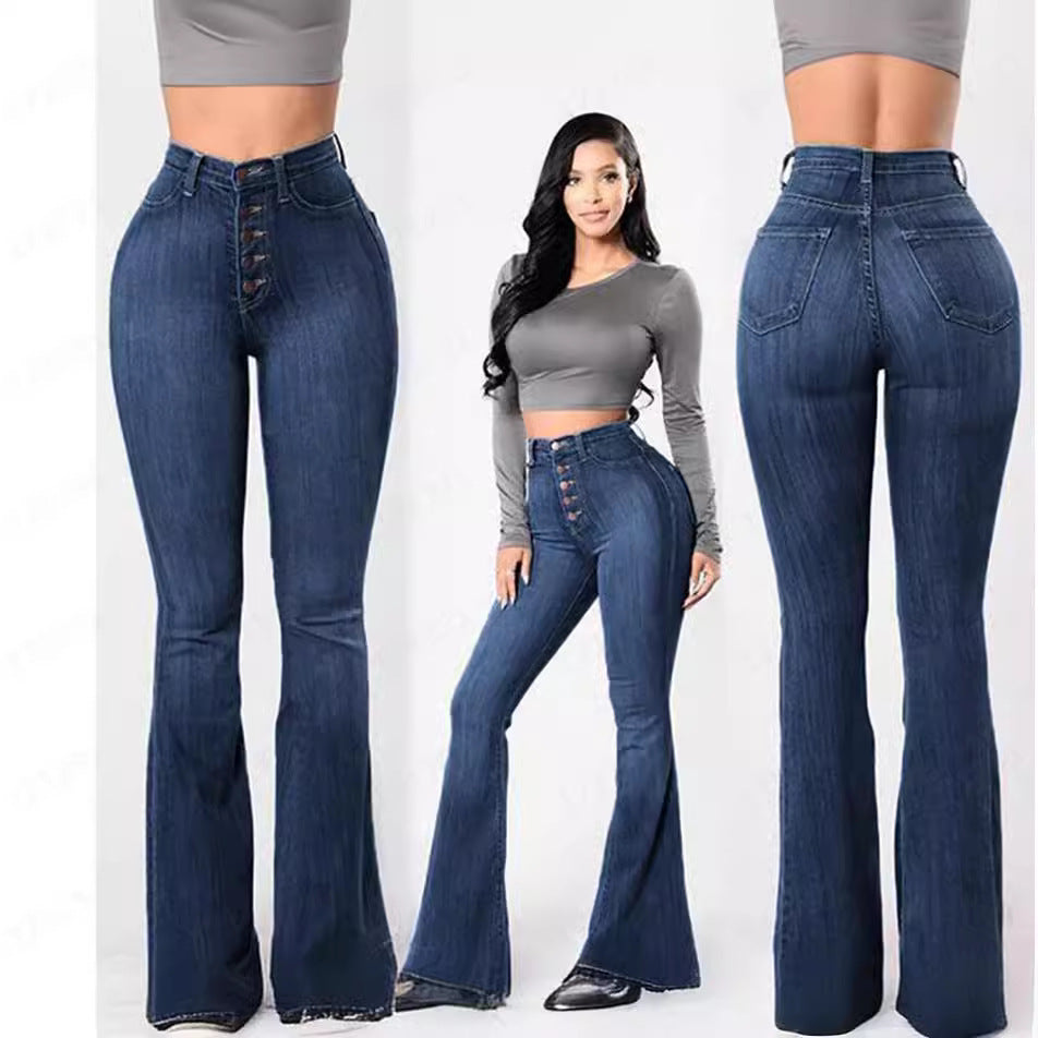 Damen Jeans Bootcut Hochbund mit Knöpfen Modern