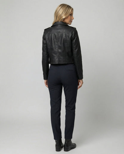 Lederjacke Damen Kurz mit Hemdkragen und Reißverschluss