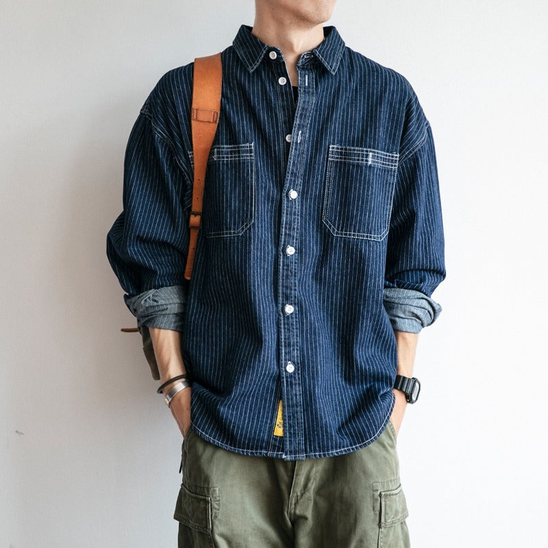 Herren Denim-Jacke Modern Streifenmuster mit Brusttaschen