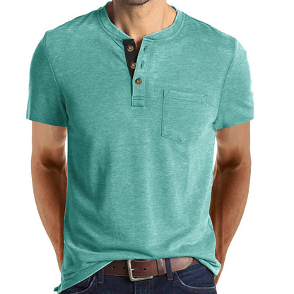 Herren T-Shirt Henley Style Knopfleiste Brusttasche Casual
