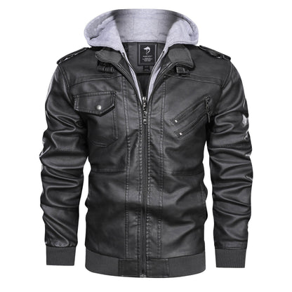 Herren Lederjacke Mit Kapuze Und Taschen