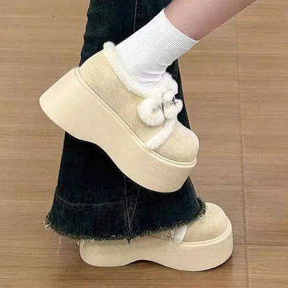 Damen Mokassins Plattform Flauschig Weich mit verstellbarem Riemen