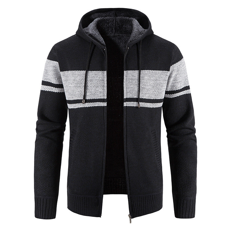 Herren Strickjacke Warm Fleece Kapuze Grau