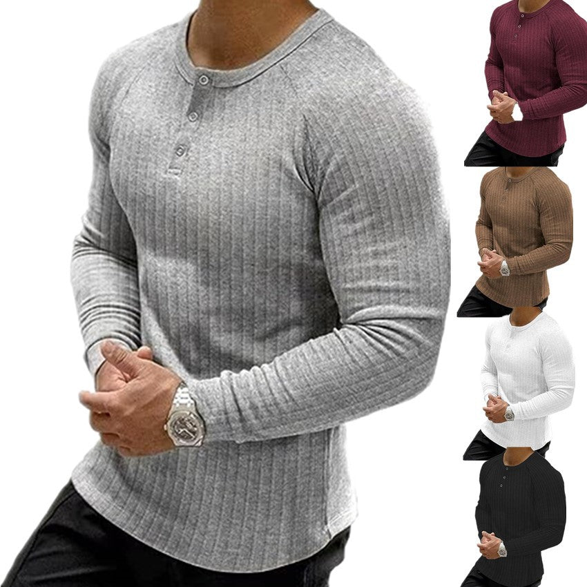 Herren Langarm T-Shirt Ripp Optik Knopfleiste Modern - BerlinGlamour
