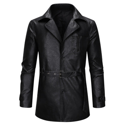 Herren Lederjacke Modern mit Gürtel und Taschen Schwarz