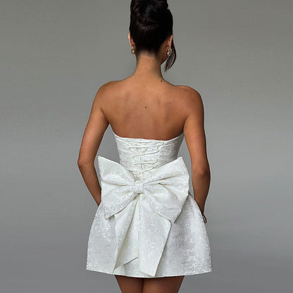Kurzes Abendkleid Schulterfrei Champagnerfarbe Schleife