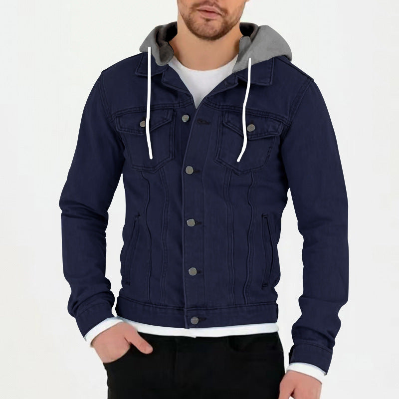 Herren Jeansjacke Kapuze Taschen Schwarz Modern