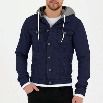 Herren Jeansjacke Kapuze Taschen Schwarz Modern