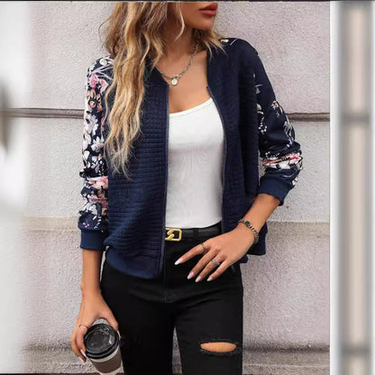 Gepolsterte Jacke Blumenmuster Reißverschluss Damen - BerlinGlamour