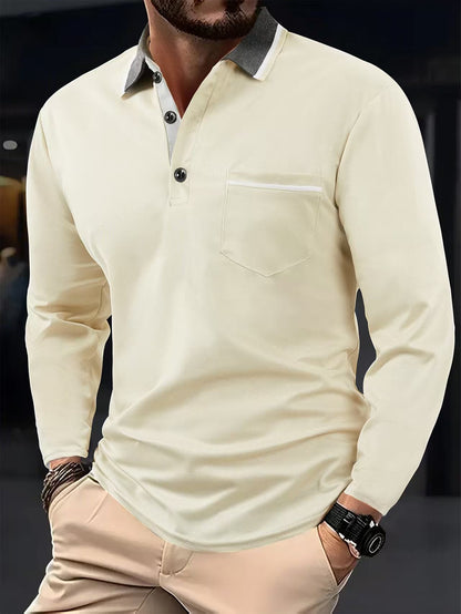 Herren Poloshirt Langarm Strukturiert Kragen Tasche Modern