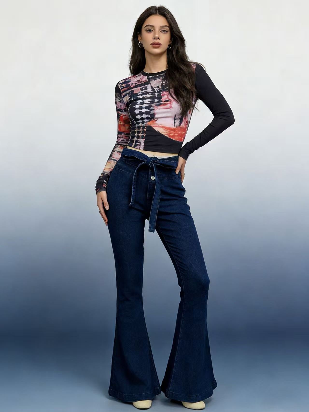 Damen Jeans Hoher Bund Stretch Flared Bequem