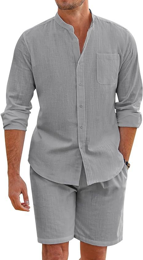 Herren Leinenanzug Kurzarm Hemd Shorts Sommer
