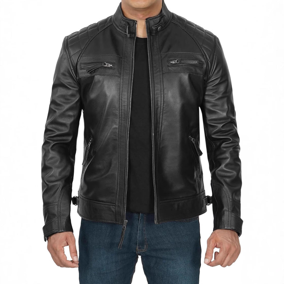 Lederjacke Herren Biker Stil Reißverschluss Taschen