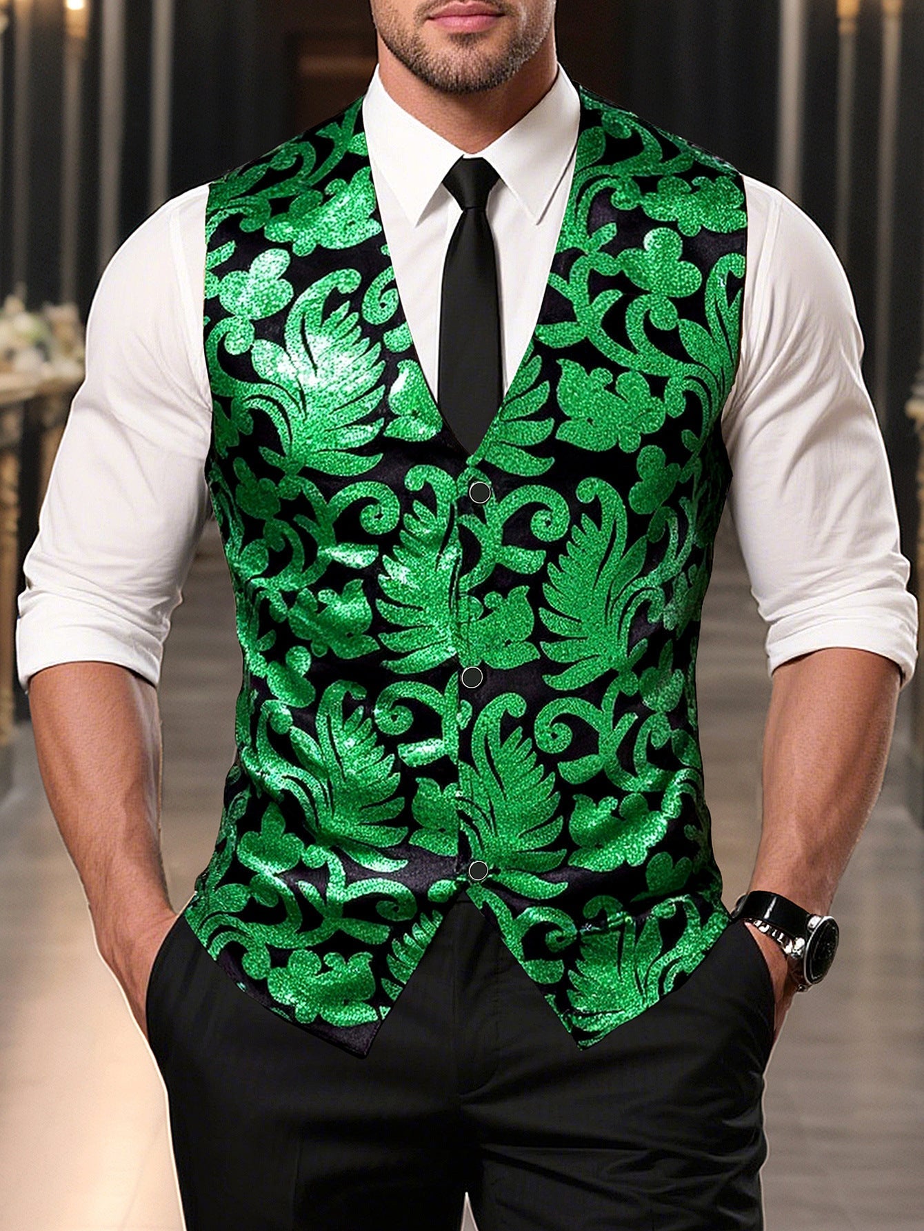 Herren Weste Elegant Pailletten Floralmuster Schwarze Abendweste