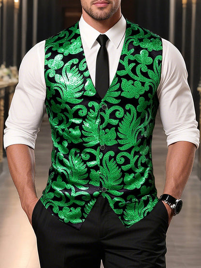 Herren Weste Elegant Pailletten Floralmuster Schwarze Abendweste