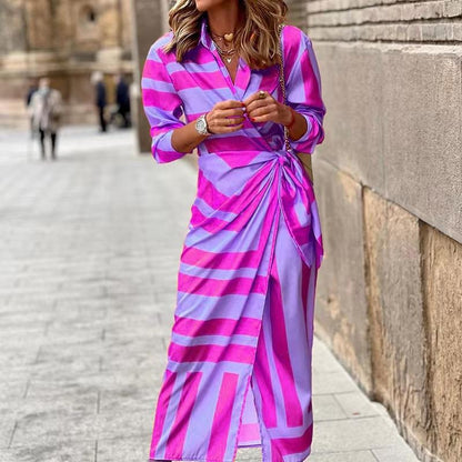 Damen Maxikleid Lang Asymmetrisch Streifen Modern