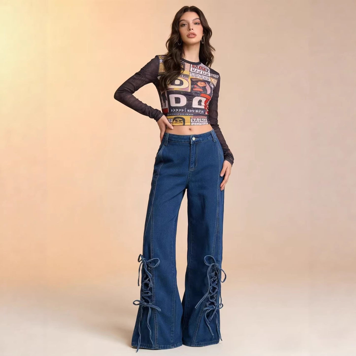 Weite Damenjeans mit Schnürung Elegant