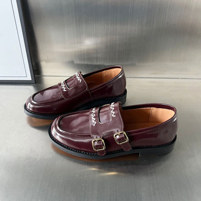 Damen Mokassins Elegante Schnalle Schuhe Glanzleder Schwarz