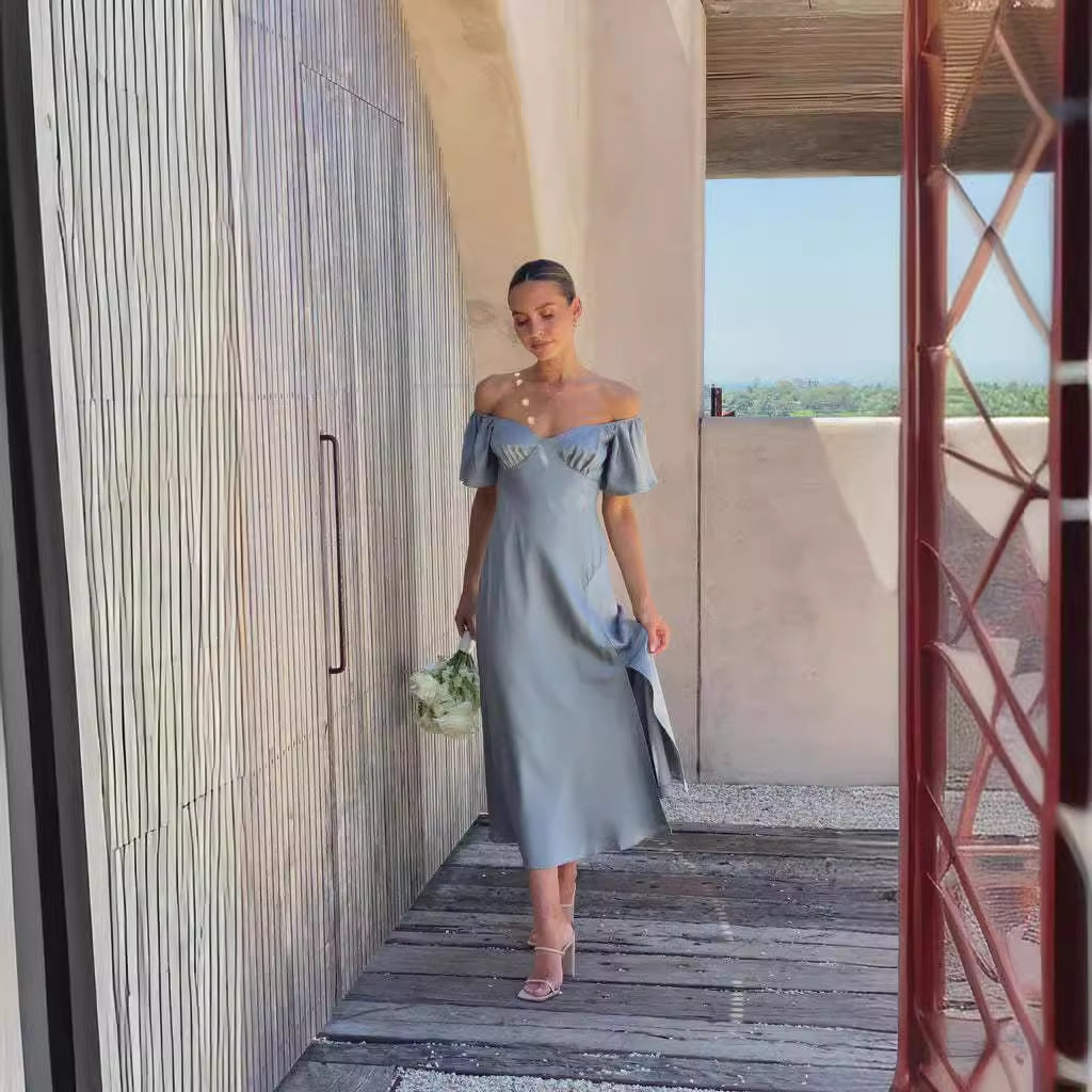 Damen Maxikleid Off-Shoulder Elegant Rüschen Schlitz