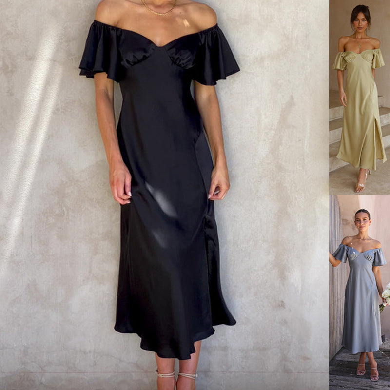 Damen Maxikleid Rüschendetails Schlitz Sommerkleid