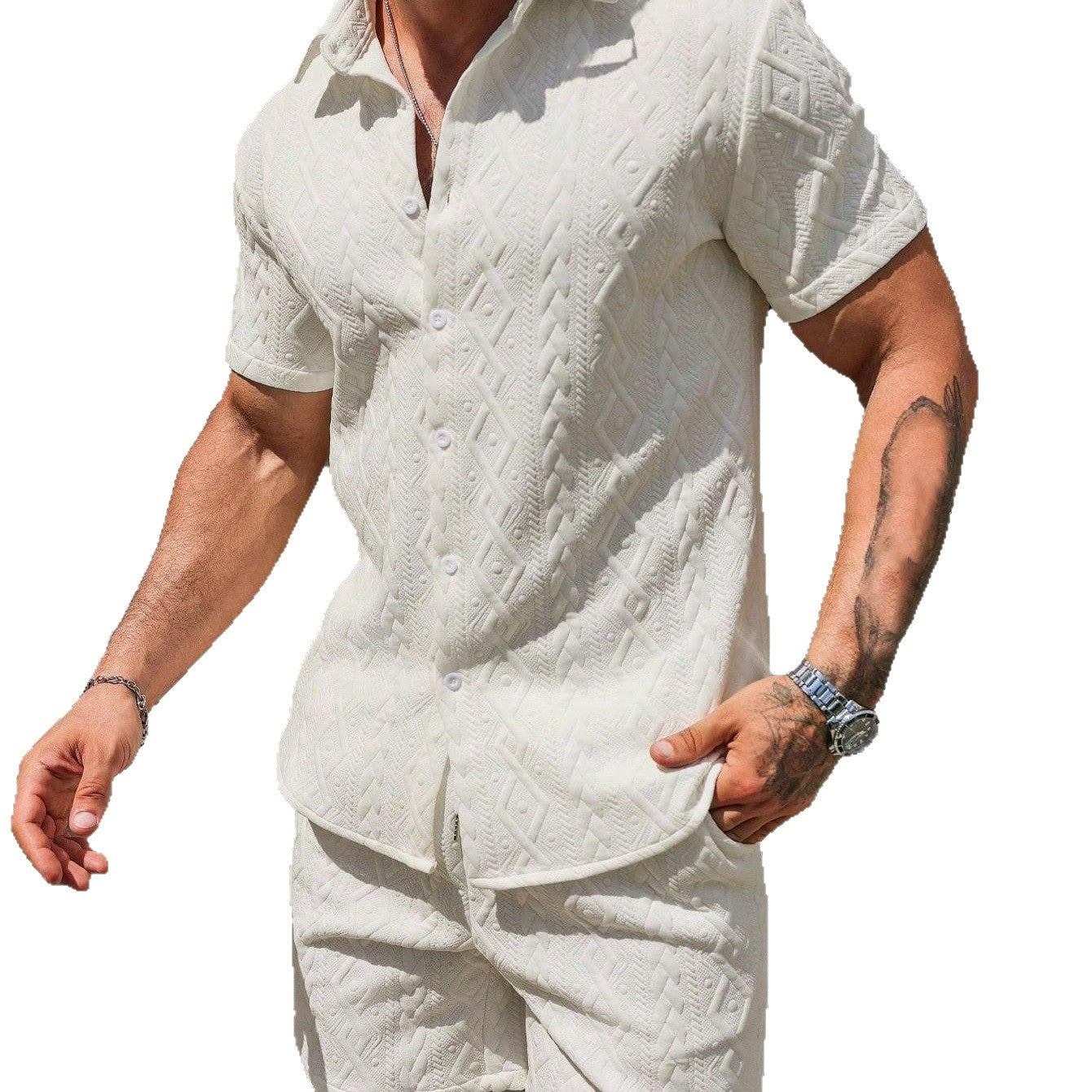 Herren Kurzarm-Hemd Strukturiert Freizeithemd Sommer