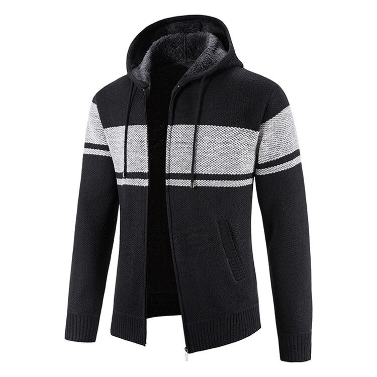 Herren Strickjacke Kapuze Kontraststreifen Modern