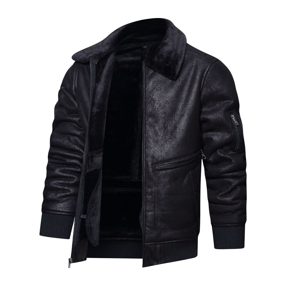 Lederjacke Herren Teddyfutter Hochkragen Schwarz