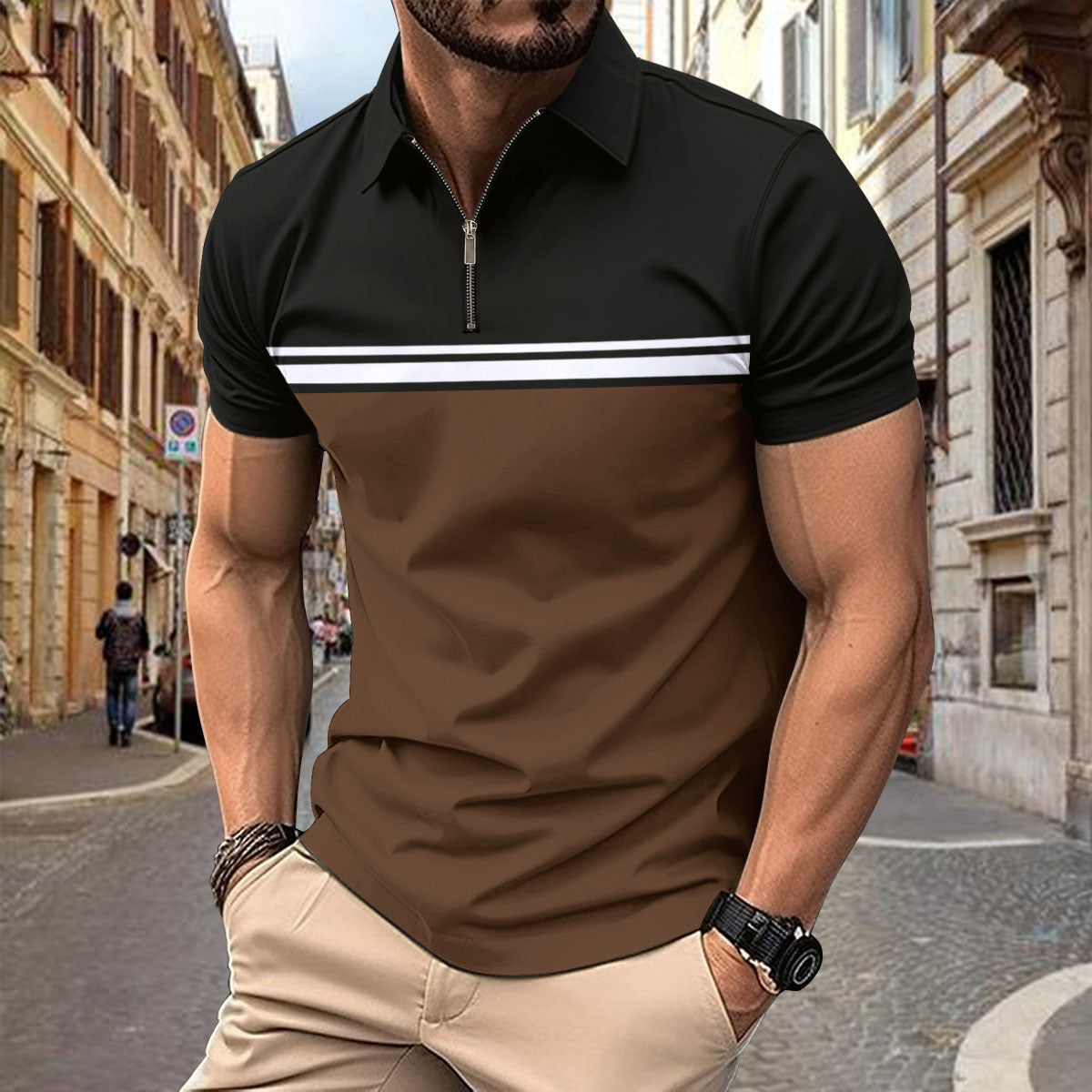 Herren Kurzarmshirt Sportlich Mit Reißverschluss Modern