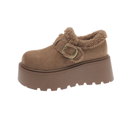 Damen Slipper Plüschig Warm mit Plateau und Schnalle
