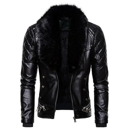 Herren Lederjacke Bikerstil mit Kunstfellkragen Schwarz