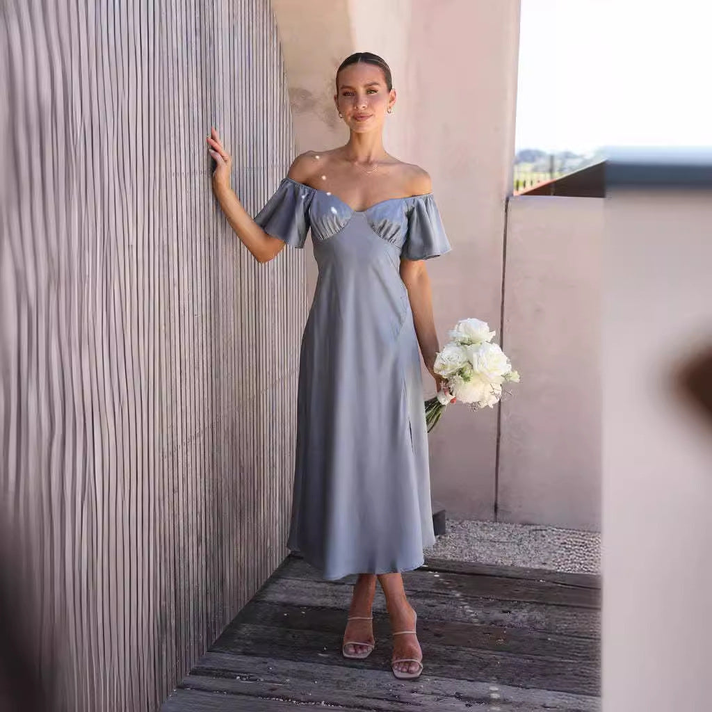 Damen Maxikleid Off-Shoulder Elegant Rüschen Schlitz - BerlinGlamour