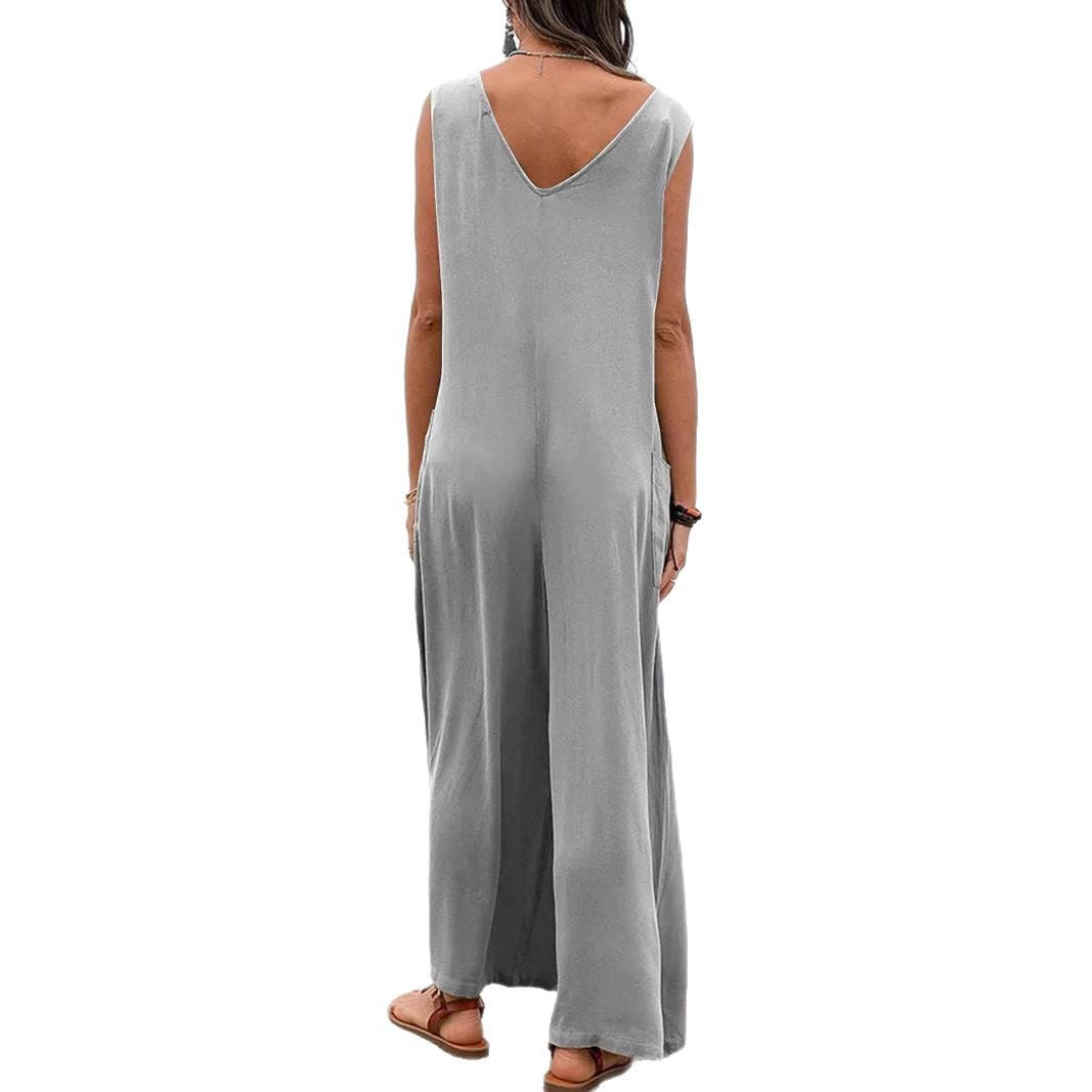 Sommer Jumpsuit Damen Weit mit Taschen und V-Ausschnitt