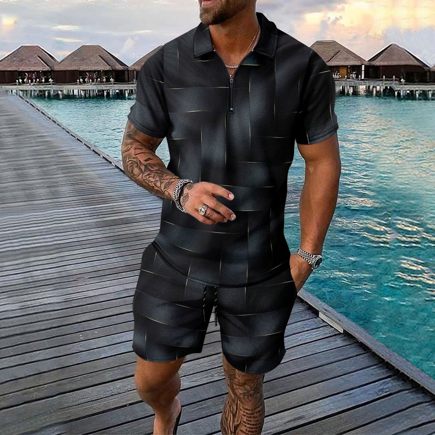 Herren Kurzarm-Set Modern mit Reißverschluss Trendig - BerlinGlamour