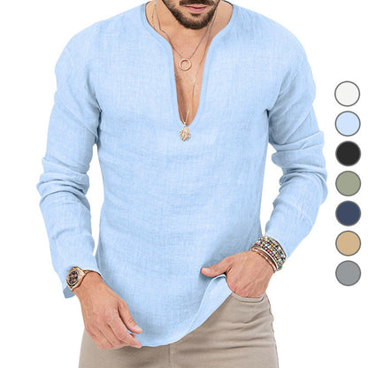 Leinen-Hemd Herren Baumwolle Relaxed Fit V-Ausschnitt