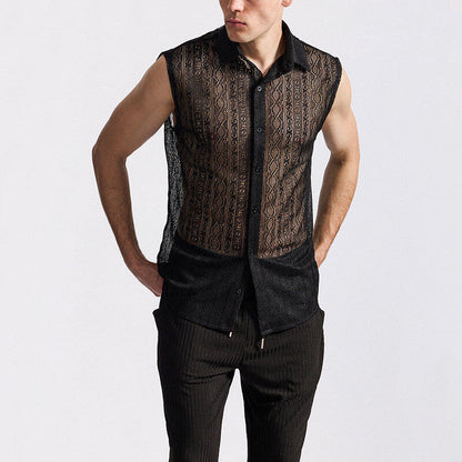 Herren Hemd Ärmellos Spitzenstruktur Elegant Modern