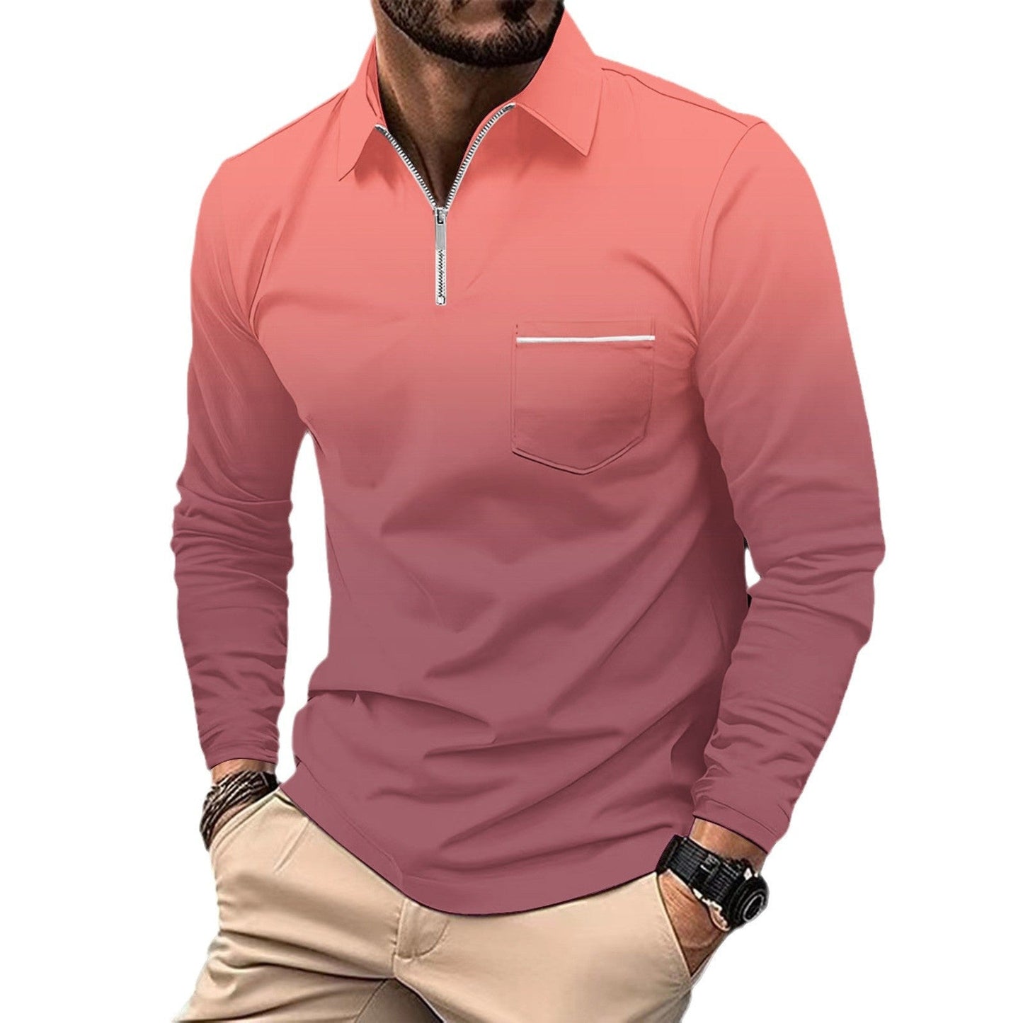 Herren Langarmshirt Modern Reißverschluss Brusttasche Praktisch