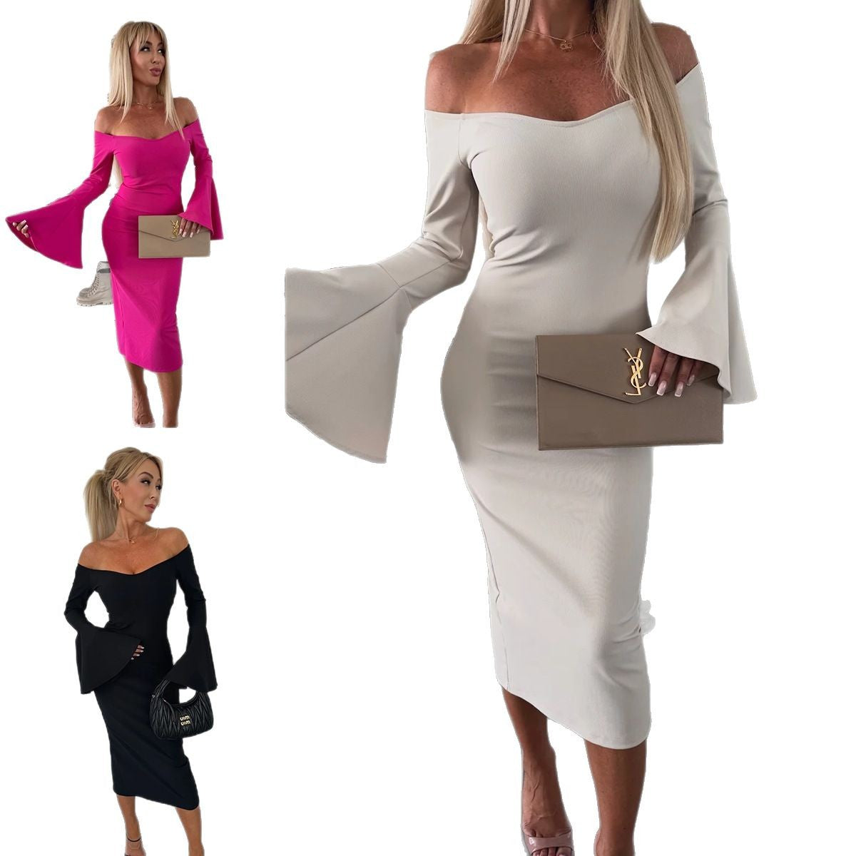Frauen Wickelkleid Schulterfrei Elegant Kurvig
