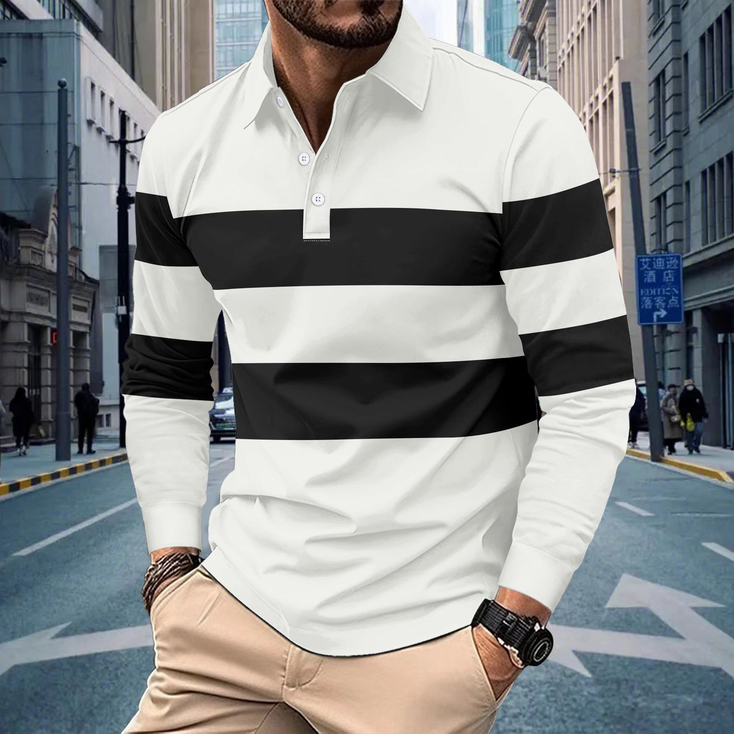 Herren Poloshirt Langarm Streifen Modern Sportlich