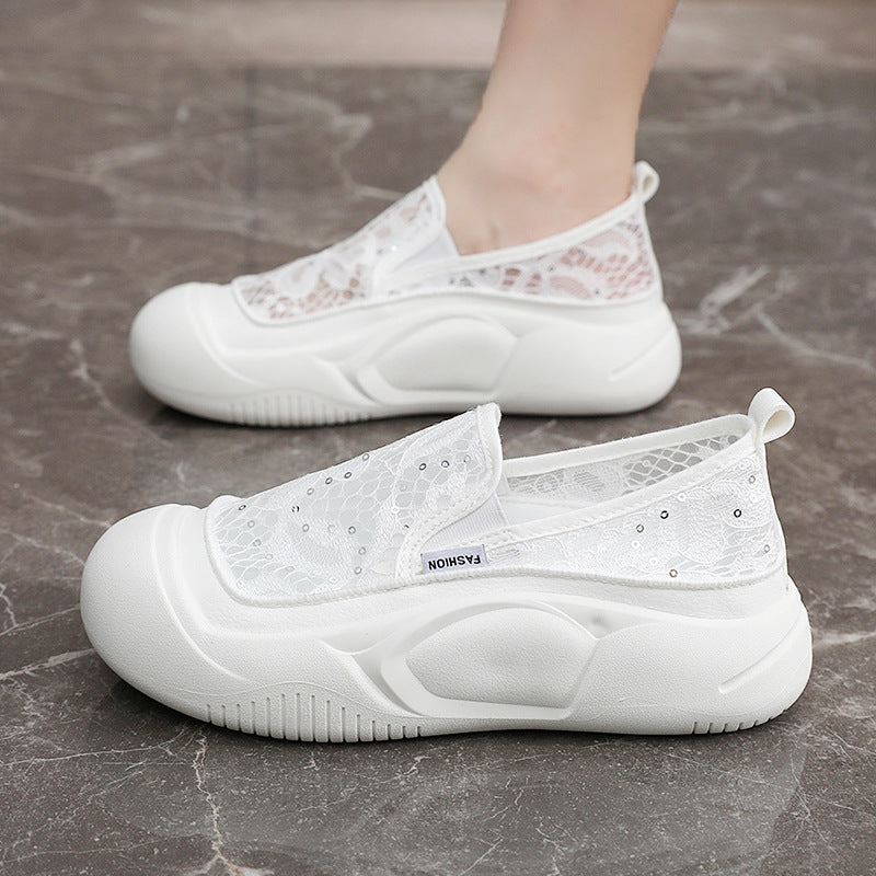 Damen Sneaker Bequem Spitze Elastisch Schnell Verschluss