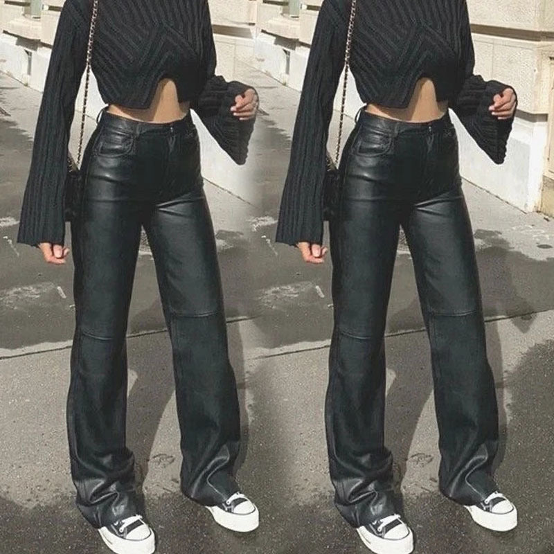 Damen Hose Kunstleder Weitbein Elegant Schwarz